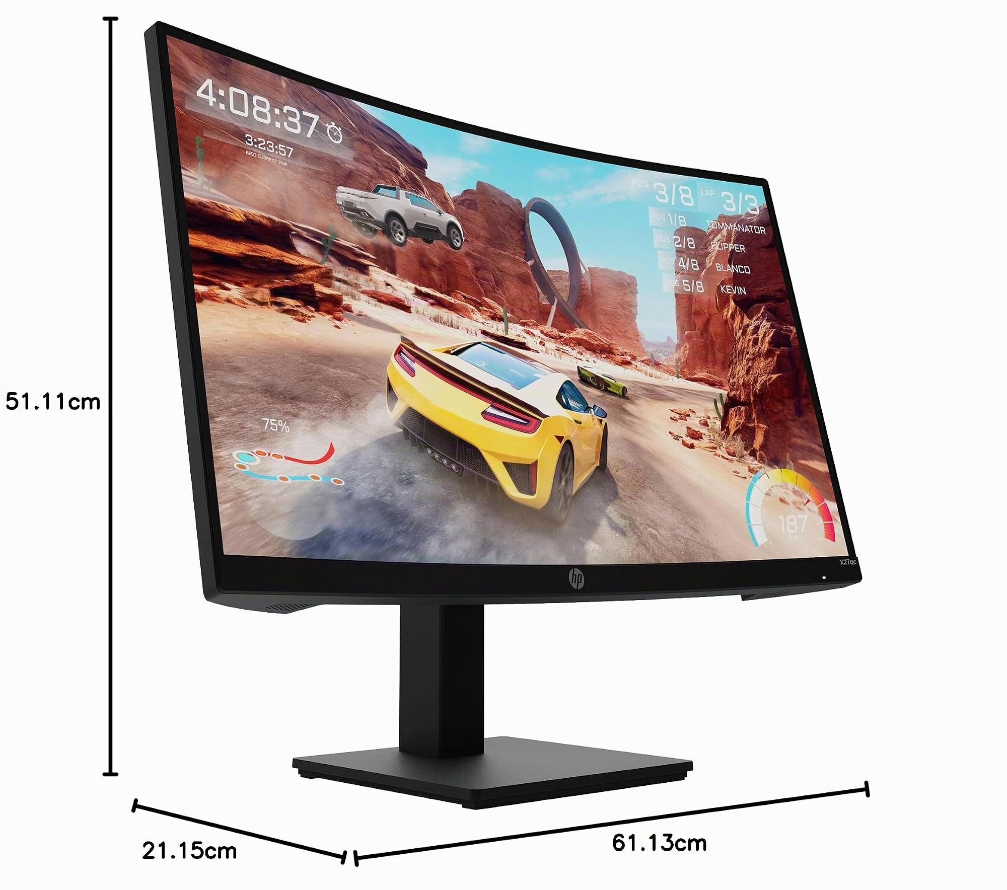 HP X27qc Gaming Monitor Curvo da 27 pollici, Pannello VA 16:9 QHD 165Hz, 1 ms, Antiriflesso, 350 nits, 3000:1, AMD FreeSync Premium, Low Blue Light, VESA 10x10 cm, HDMI 2.0, Displayport 1.4, Nero