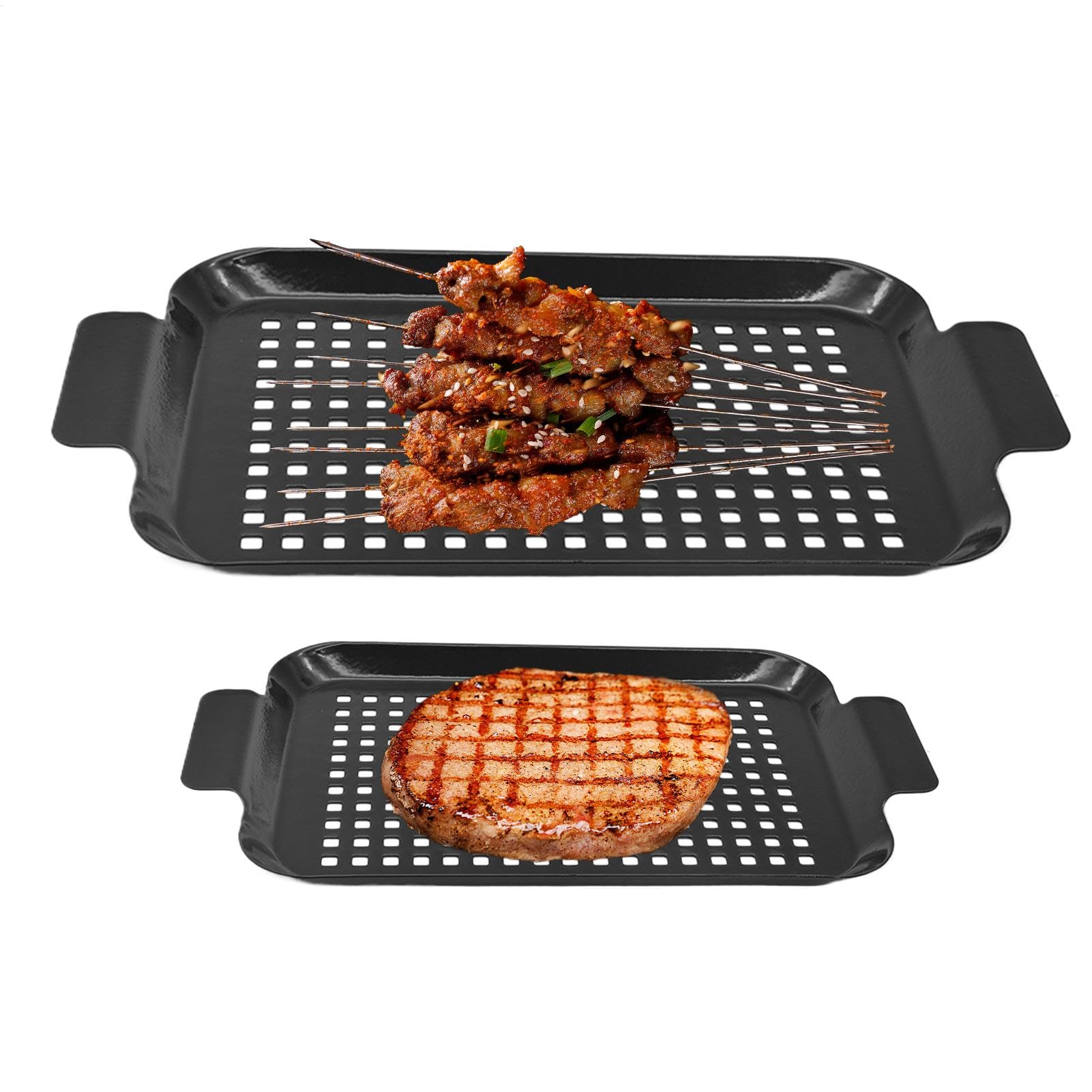 Sartén para cocinar en interiores, 2 sartenes antiadherentes con asas, utensilios de cocina para camping, uso interior y exterior para barbacoas de carbón vegetal, barbacoas ahumadas