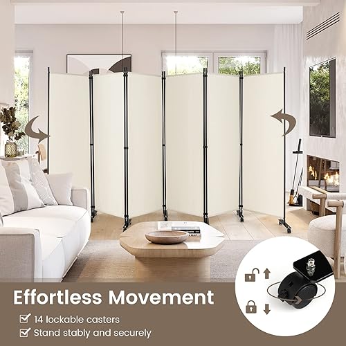 Miniatura 3 de Giantex Divisor de habitación plegable de 6 paneles de 5.7 pies con rodillos, color blanco, pantalla de privacidad plegable grande de 132 pulgadas