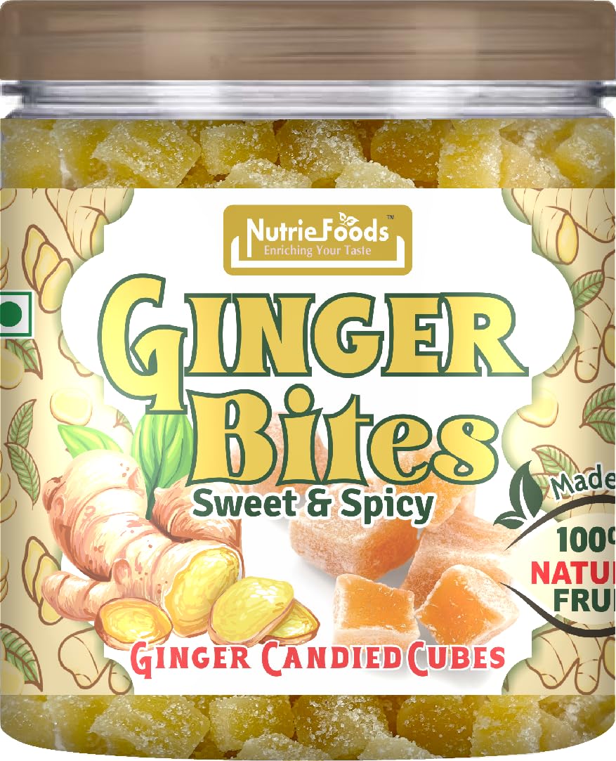Nutriefoods Premium Ginger Bites | Ginger Candied Sweet & Mild Spicy Cubes | 100% Natural, No additives added | Original Flavor (250gm)