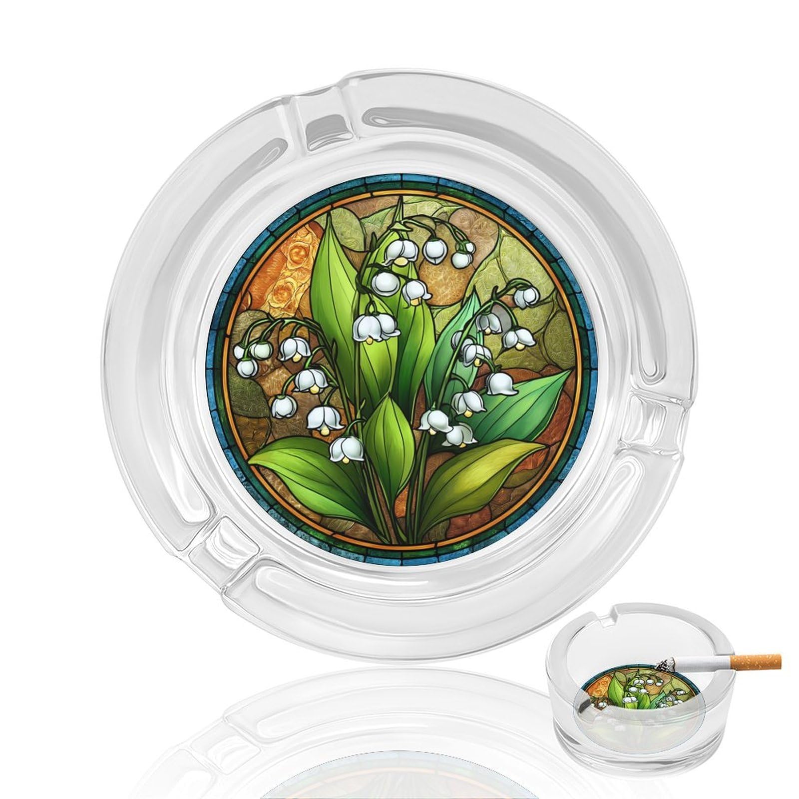 Stained Glass Lily of The Valley Green Leaves Glass Ashtray for Cigarettes Portable Decorative Ash Trays for Home Office Decor