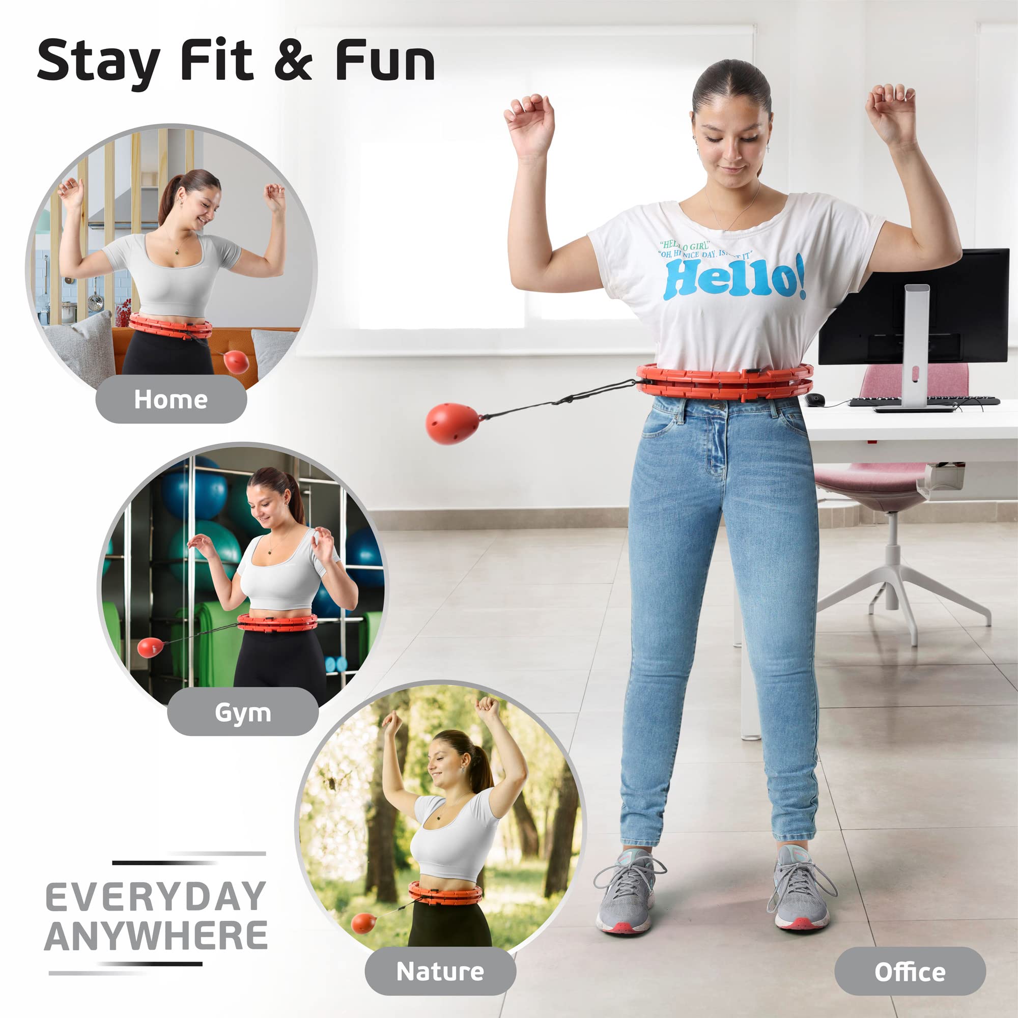 Teal Elite Hula Hoop lesté intelligent pour adultes - Entièrement réglable avec 24 nœuds amovibles - 2 en 1 - Massage abdomen - Rouge