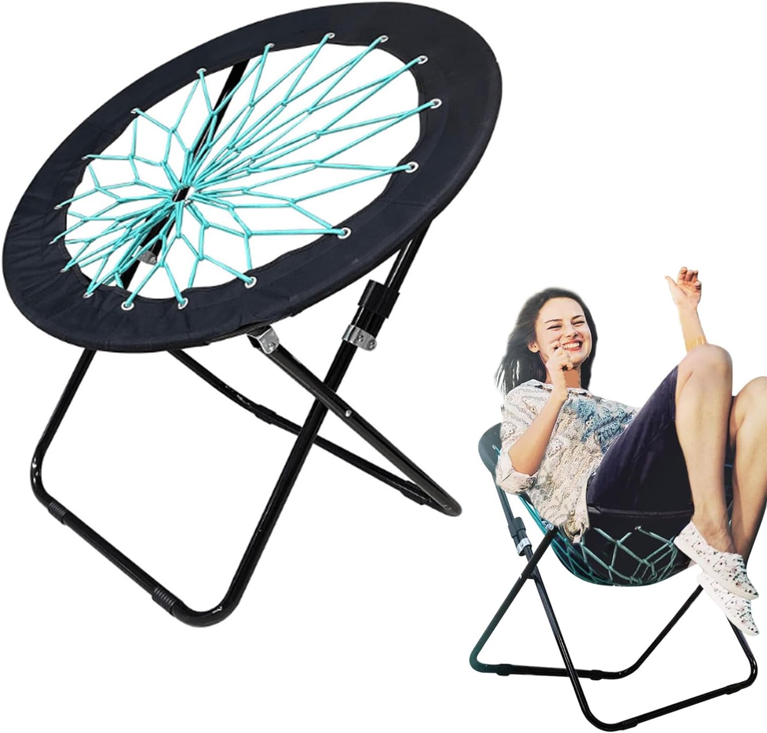 Camp Field Camping and Room Bungee Folding Chair Gifts for Friends -Versatile Bunjo Chairs with Fun Bouncy Design - Web Chair for Relaxation for Room Garden and Outdoor (Black)