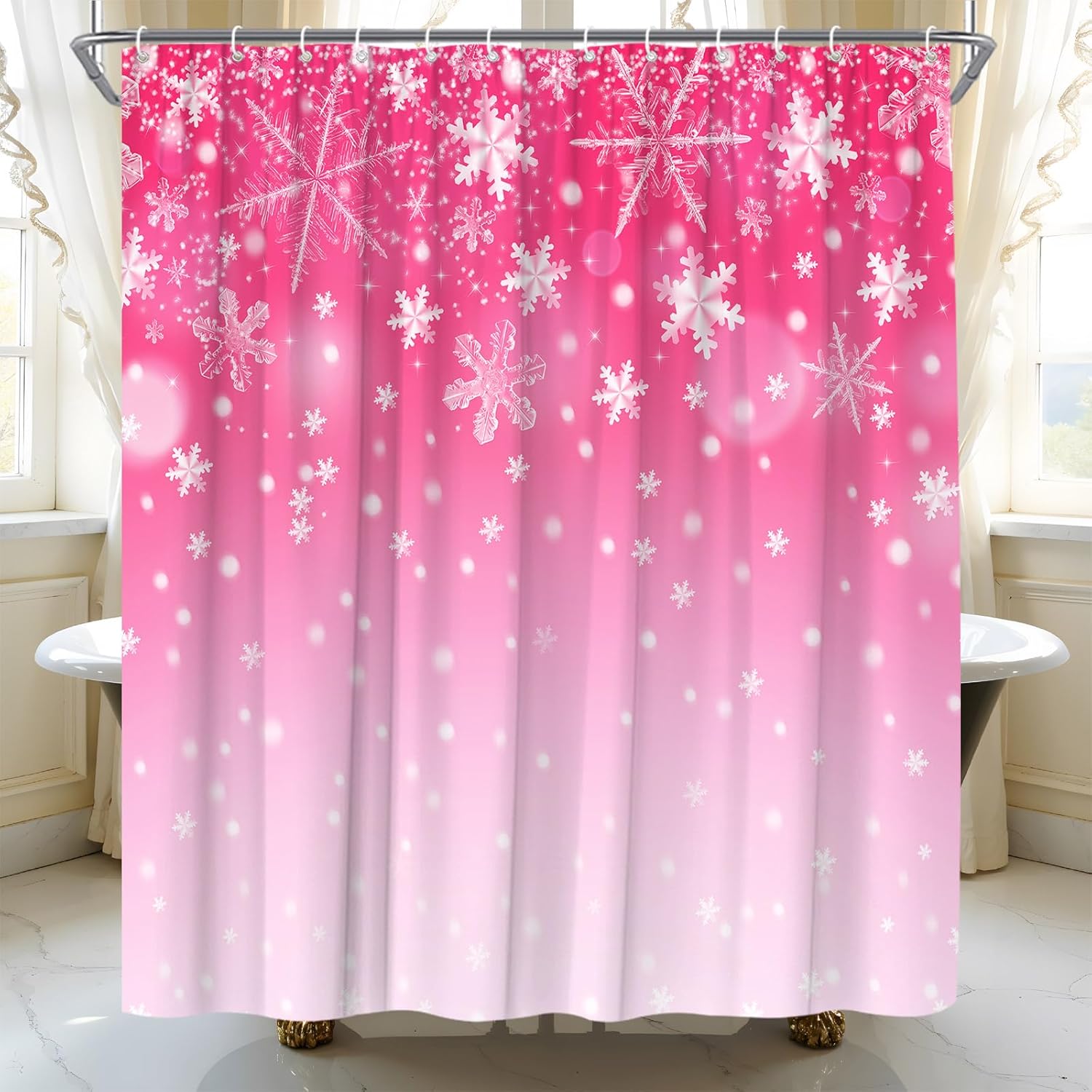 AMFD Gray Winter Snowfalke Shower Curtain Merry Christmas New Year Holiday Bathroom Curtains Decor Fabric Set Include Hooks,(70" Wx84 H)
