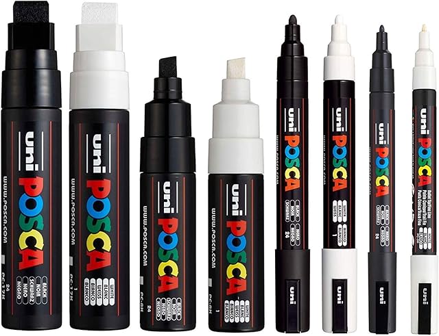 POSCA Black & White - Medium to Broad Set of 8 Pens (PC-17K, PC-8K, PC-5M, PC-3M)