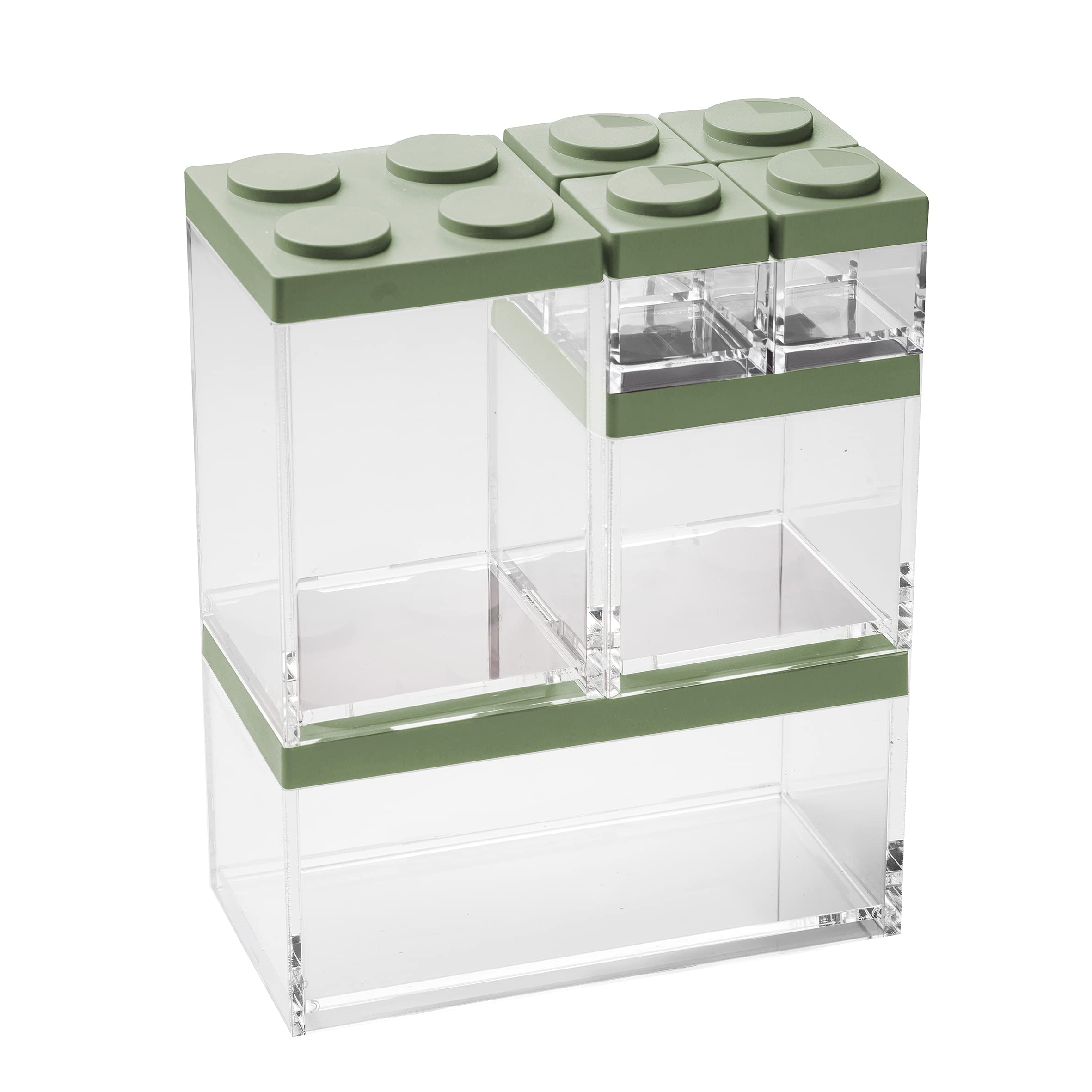 OMADA Set 4 Portaspezie + 3 Contenitori per Alimenti, Coperchio Mattoncino | Set Misto di 3 Contenitori Trasparenti Impilabili e 4 Porta Spezie, Collezione Brickstore