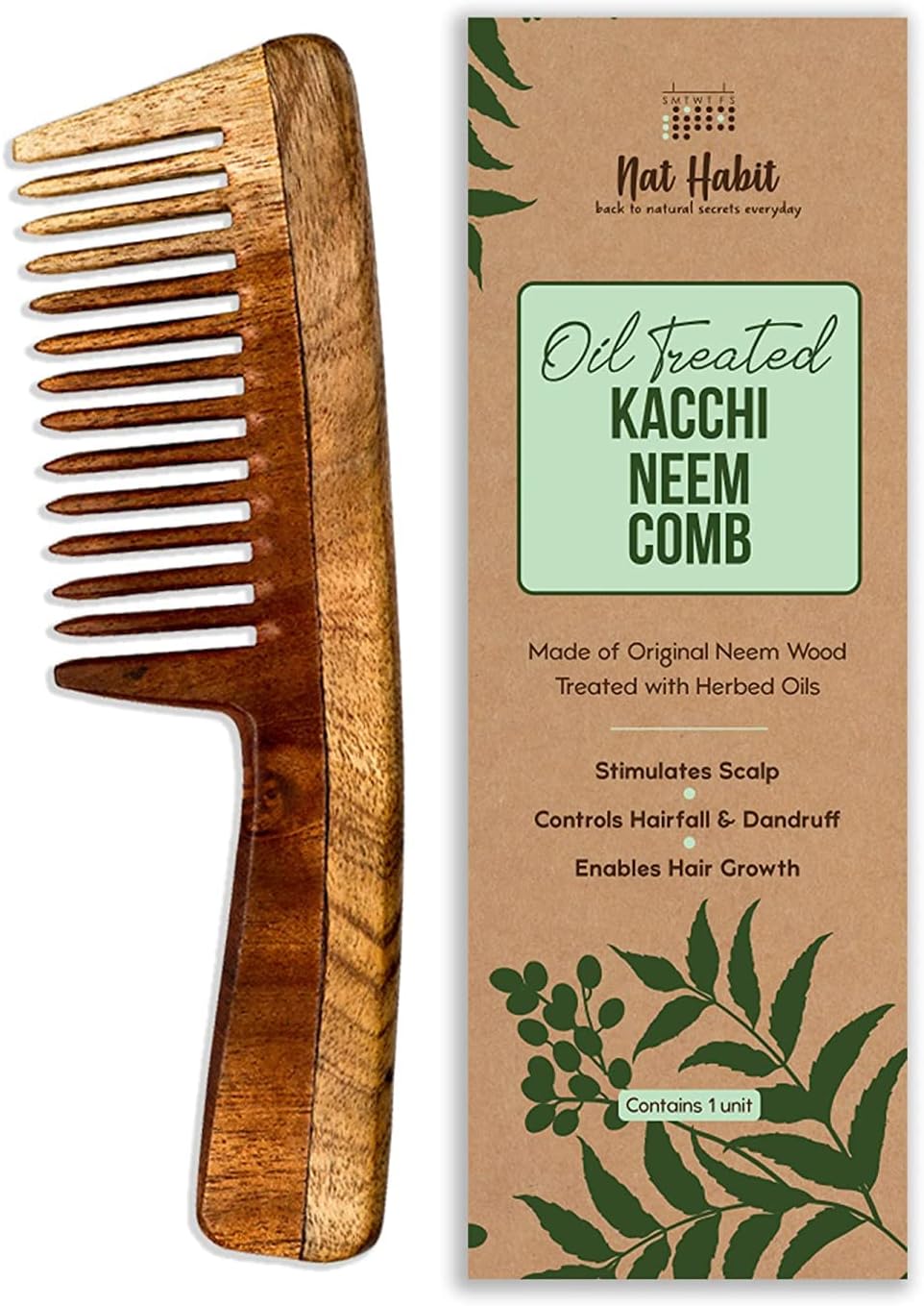 Neem Comb, Wooden Comb | Hair Growth, Hairfall, Dandruff Control | Hair Straightening, Frizz Control | Comb for Men, Women | Treated with Neem Oil, Bhringraj & 17 Herbs (Wide Tooth)