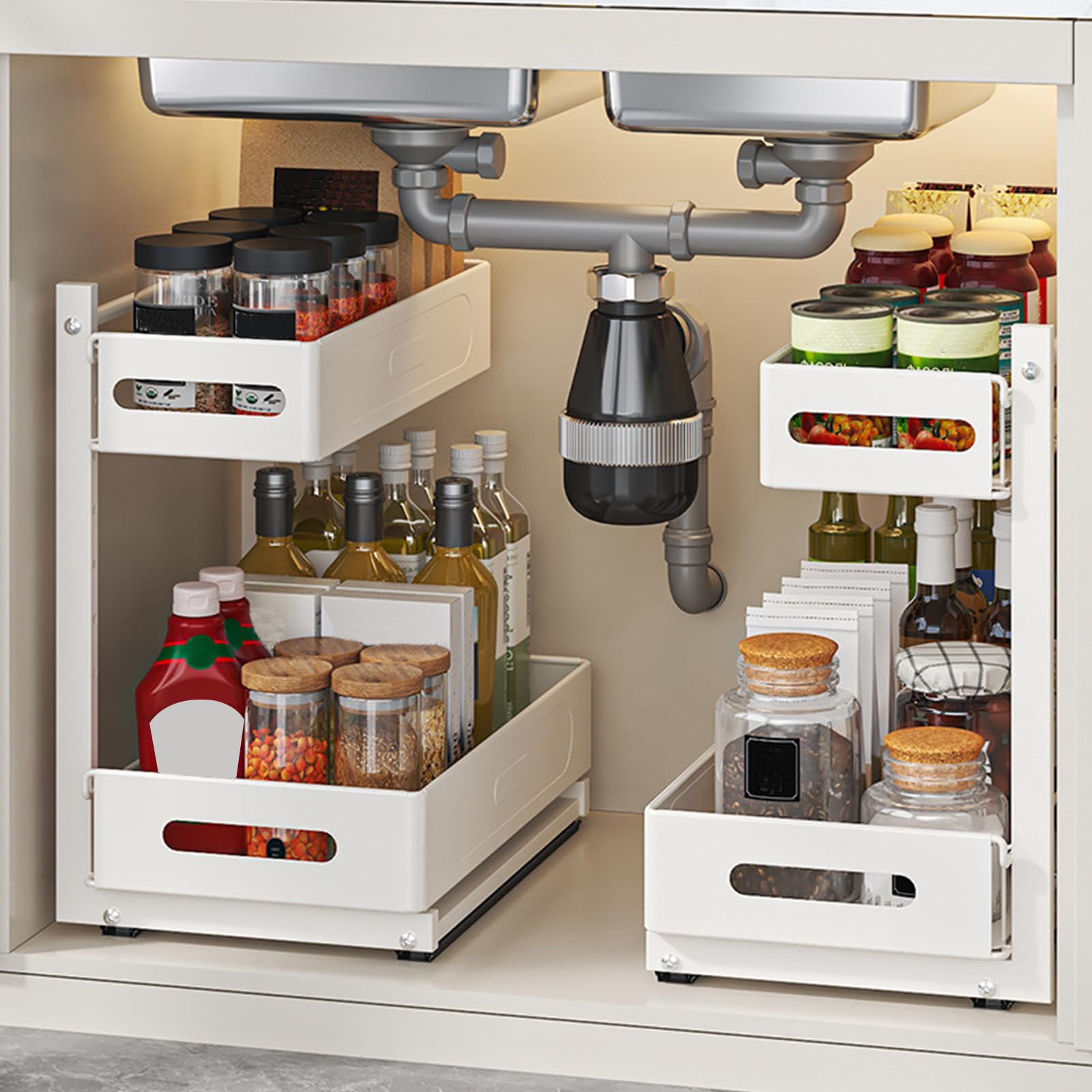 2 Niveaux Rangementr Sous Evier Cuisine et Salle de Bain, Tiroir Coulissant Cuisine Multi-Usage avec Installation Sans Perçage, Silencieux à Billes Acier (Blanc)