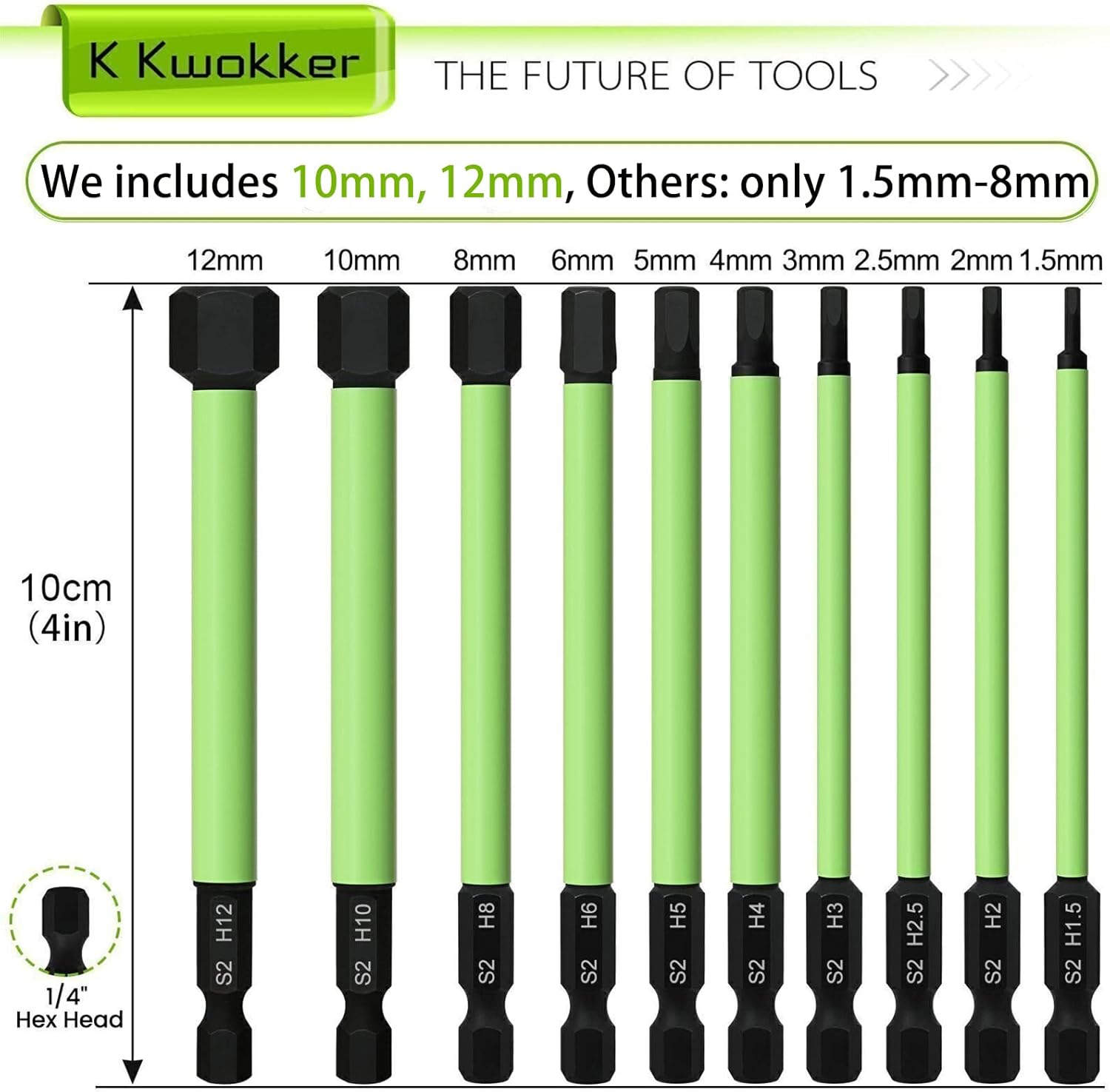 1/4" Hex Head Allen Wrench Drill Bits Long 100MM + Quick Change Bit Driver, Metric 1.5MM to 12MM Magnetic Tips Hex Key Drill Bit Set, 3.94" Screwdriver Socket Bit Set, S2 Steel, New Version