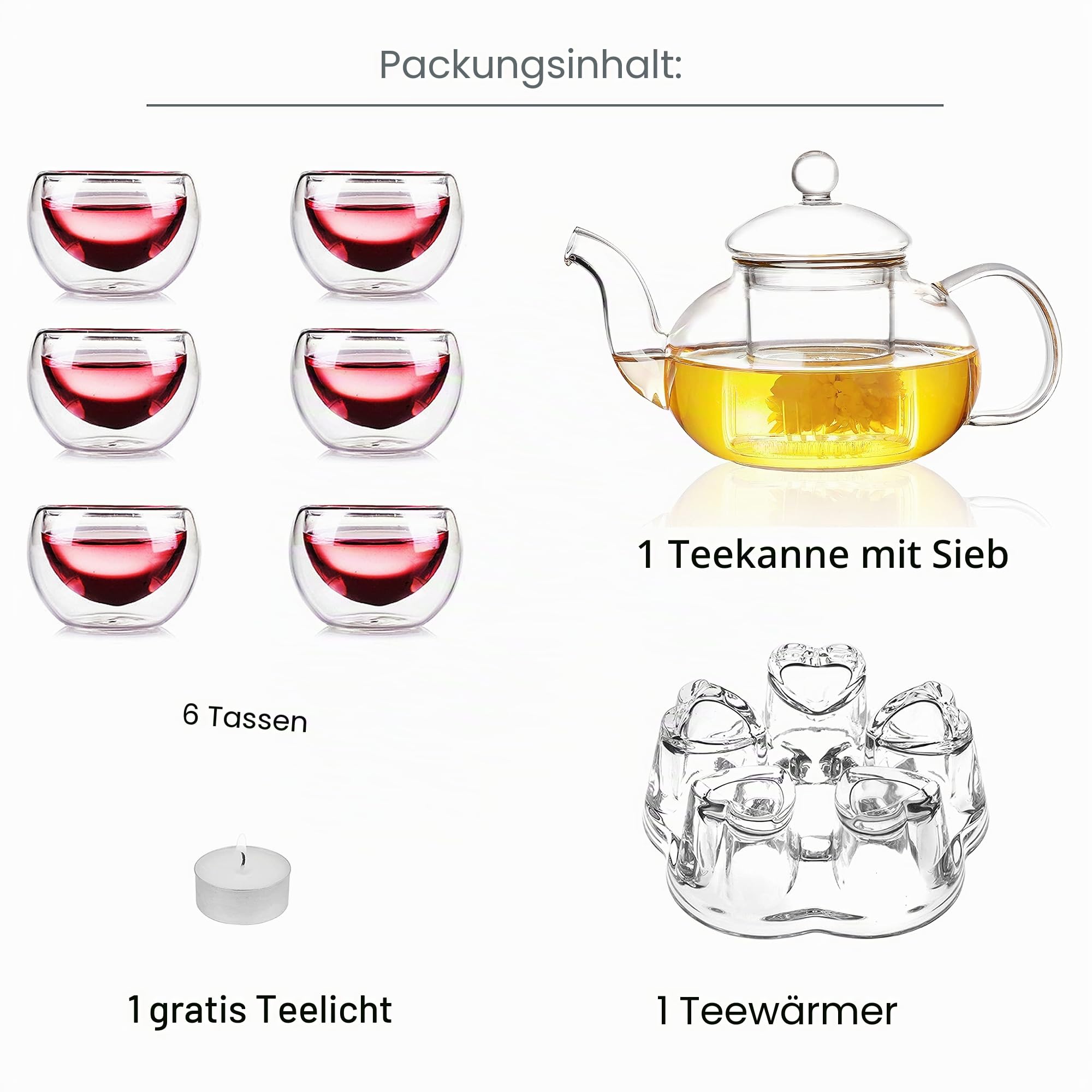 Jusalpha Teekanne aus Glas, Filter-Teekanne mit Stövchen und 6 Teetassen, Version 2, 765 ml, 11 Stück | 6 Einheiten Teetassen à 48 ml, Teeservice wird mit einer 765 ml Teekanne mit herausnehmbarem Teesieb geliefert