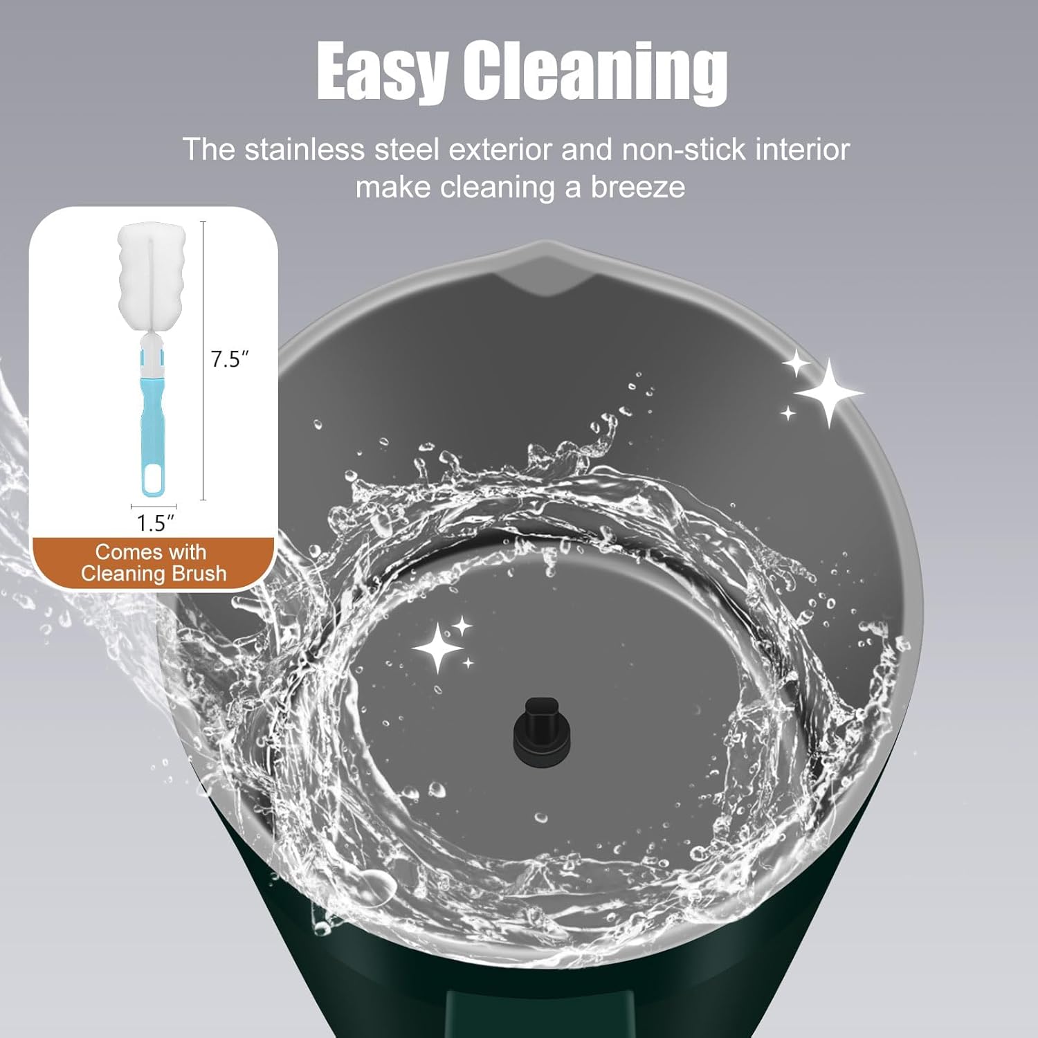 Internal view of frother with water splashing, indicating easy cleaning, and a cleaning brush