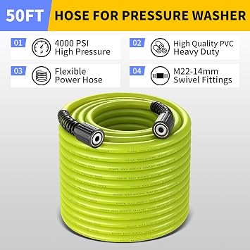 POHIR Pressure Washer Gun with Foam Cannon & 50ft Power Washer Hose, 3600PSI Pressure Washing Kit with 15 Extension Wand & 7 Nozzle Tips, 3/8'' Quick Connector & M22 15mm/14mm Fittings