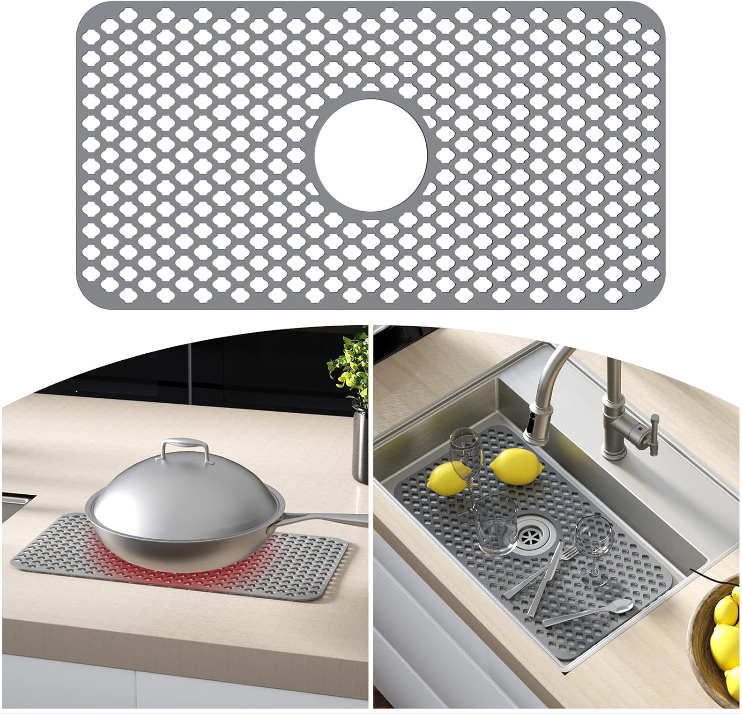 Silicone Sink Protector, DAYONE Center Drain Kitchen sink mat Grid, 1