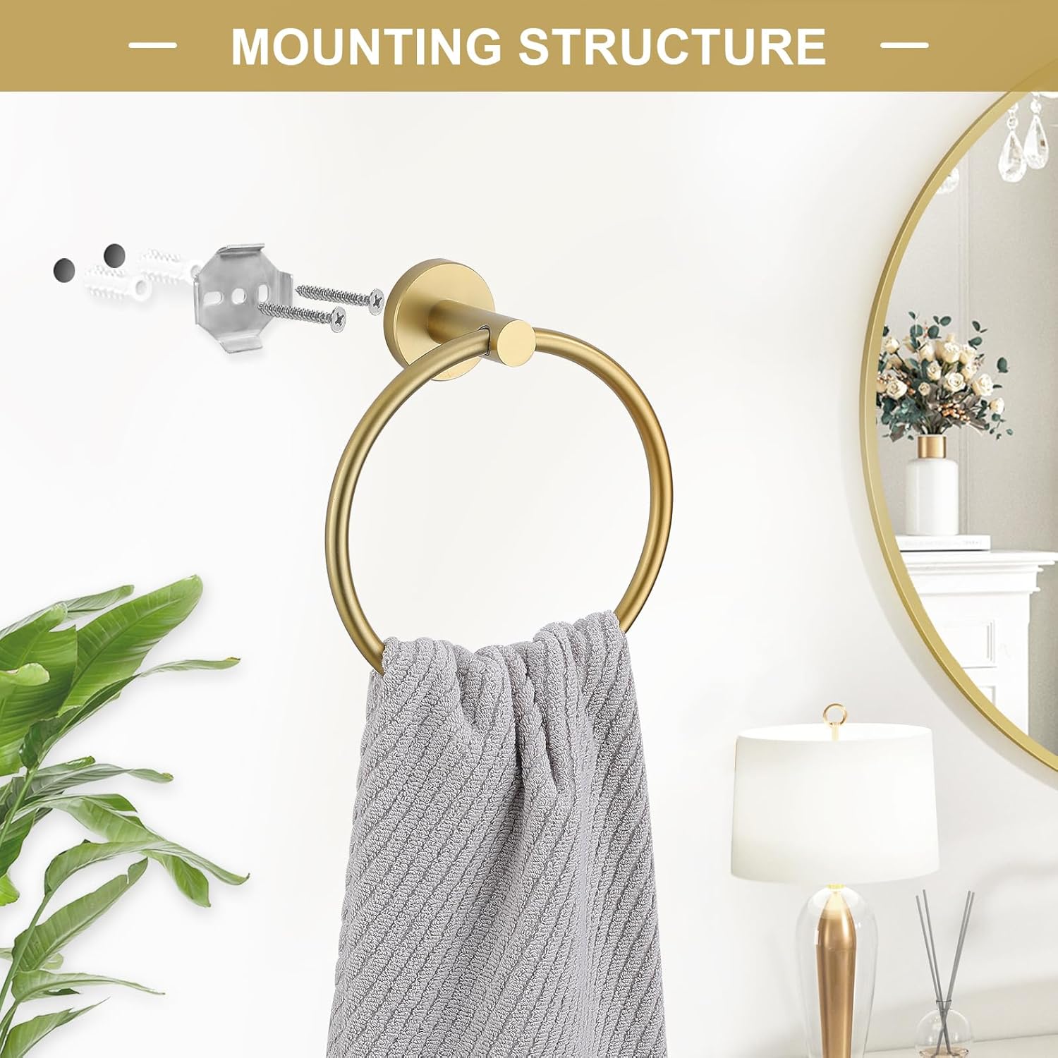 Brushed Gold Stainless Steel Wall Mounted Towel Ring Set