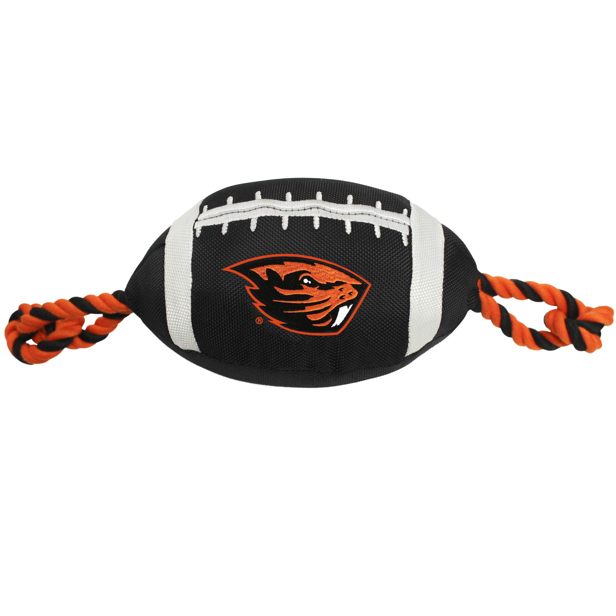 Pets FirstNCAA Oregon State Beavers ORS-3121NCAA Oregon State Nylon Football Dog Toy with Inner Squeaker & Tough Ropes for Tug-of-war Games, Black, One Size