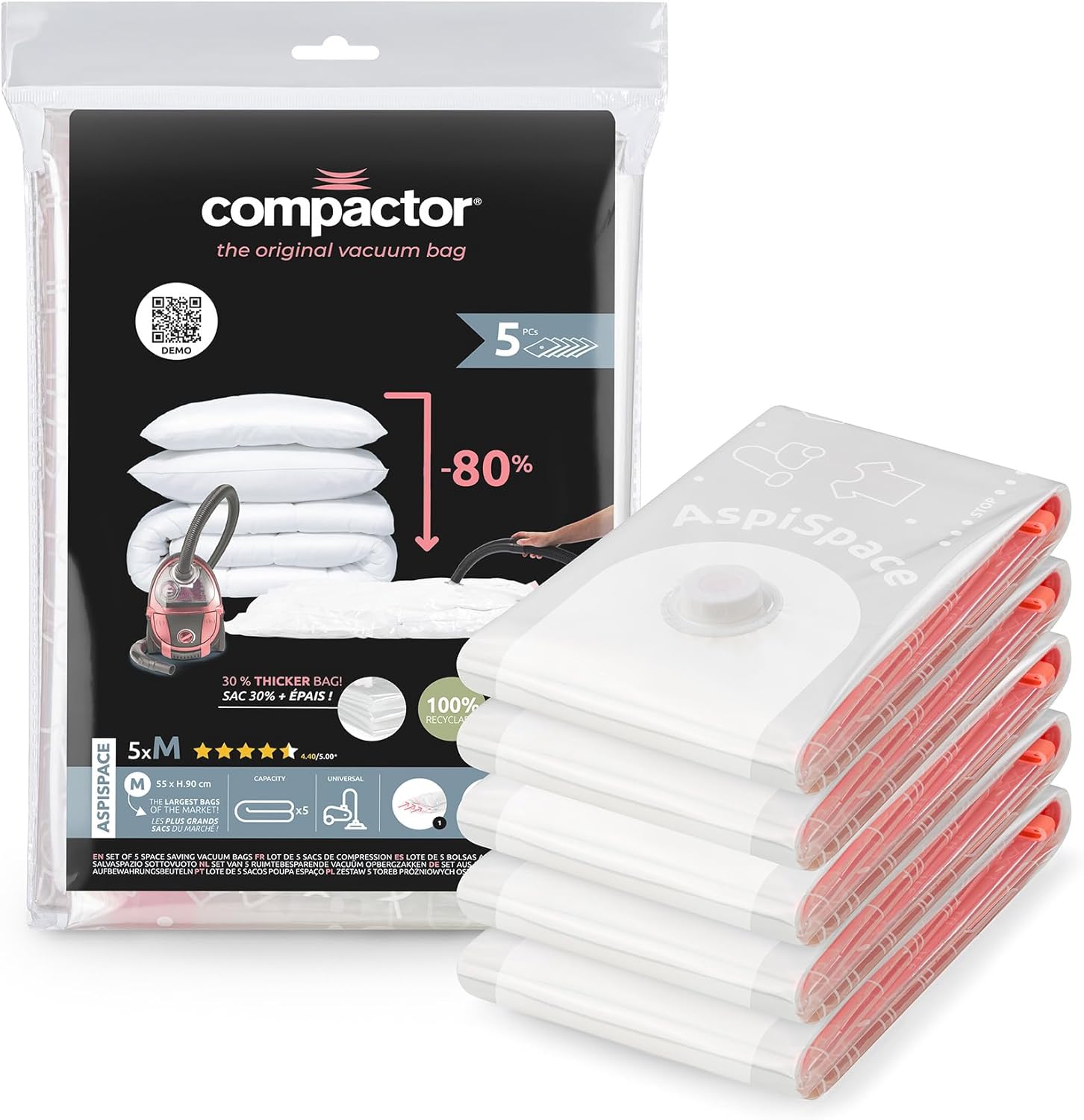 Compactor RAN7368 - Lot de 5 sacs de rangement sous vide compact - Maximisez jusqu'à 80 % d'espace !