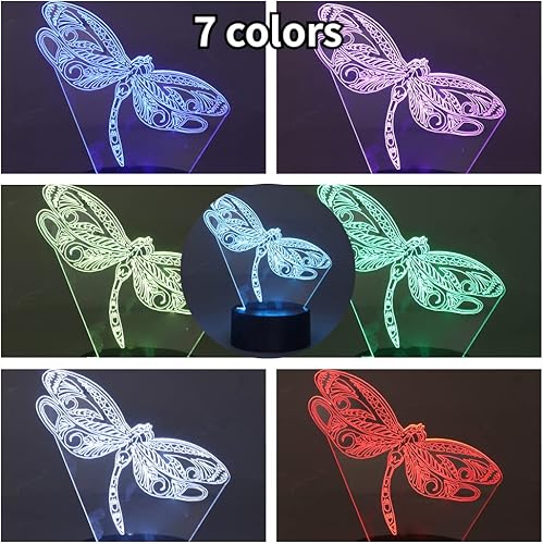 Miniatura 5 de Luz nocturna 3D con ilusión 3D, 7 cambios de color, acrílico transparente, libélula 3D, luz nocturna LED para dormitorio, regalo de cumpleaños,