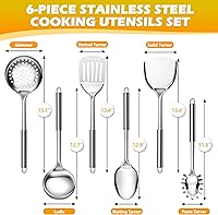 Vista 2 de E-far 6-Piece Cooking Utensils Set, Stainless Steel Kitchen Utensils, Metal Heat Resistant Kitchen Tools Set Including Spoon, Soup Ladle
