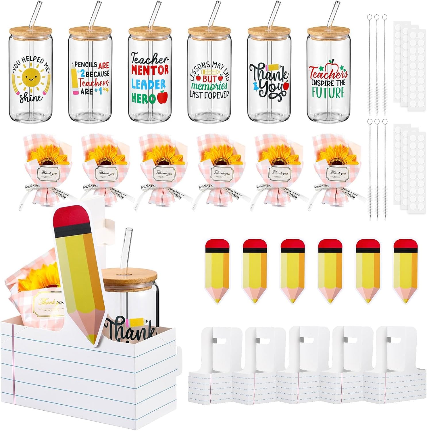 Mumufy 6 Set Teacher Appreciation Gift Boxes-16oz Glass Cups with Lids Straws Brushes and Sunflower Faux Bouquets & Carry Boxes & Pencil Tags for Teacher Appreciation Gifts Bulk Graduation Gift
