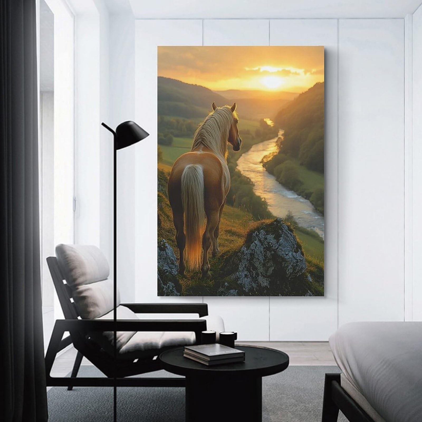 Junmoney Horse Overlooking A Sunset River Valley Wall Art Print, 24x36inch(60x90cm), for Entryway, Lounge Links Or Small Walls, Decorative Wall Art for Narrow Spaces