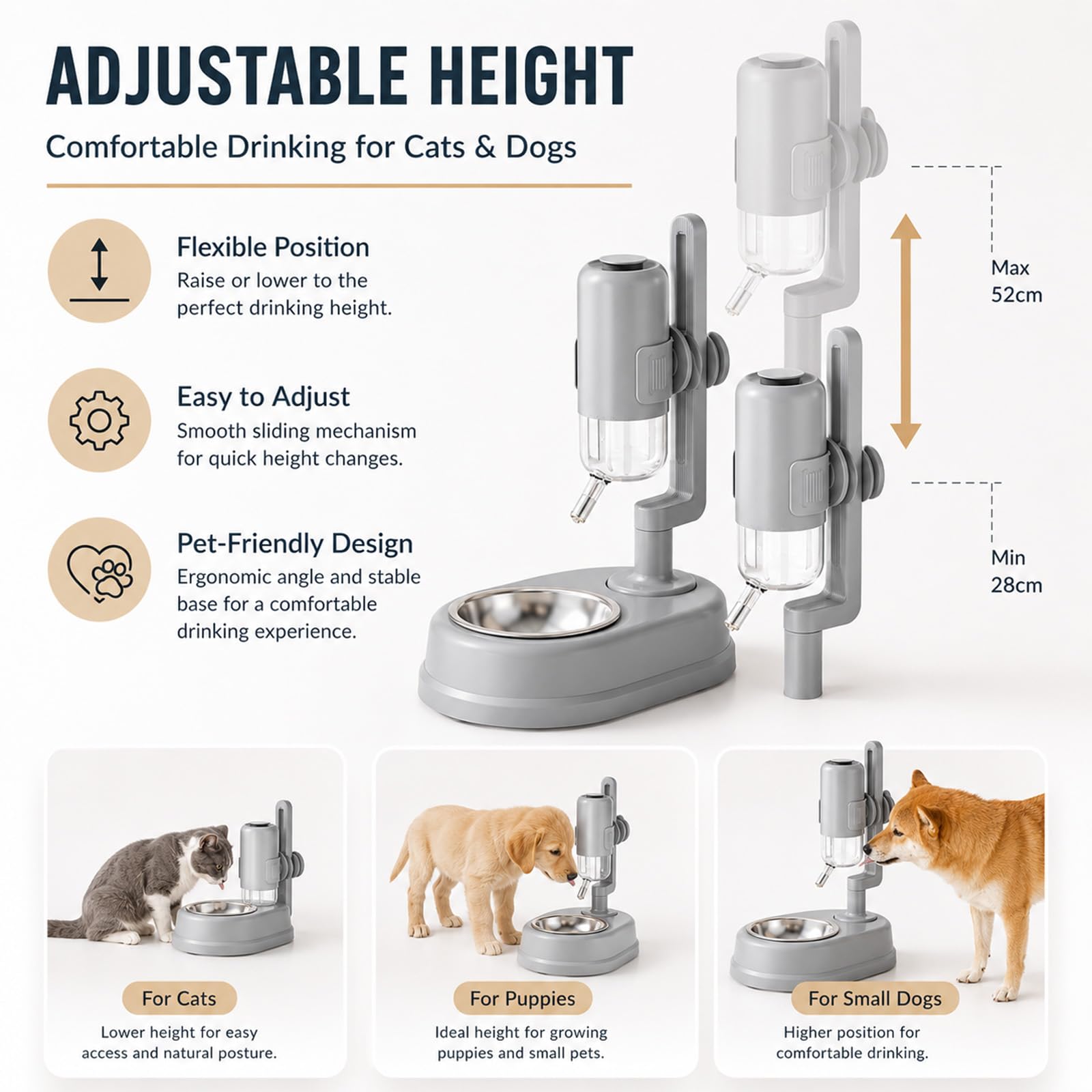 Dispensador De Agua Automático para Mascotas, Botella 750ml Antigoteo con Soporte Ajustable Y Cuenco para Gatos Perros Casa Viaje (A,Stainless Steel)