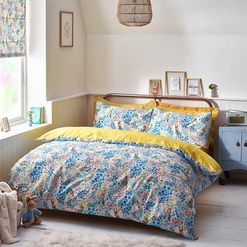Peter Rabbit™ Florelli Duvet Cover Set – Reversible 100% Cotton Striped Floral Motif Bedding (Multicolour – Single – 135x200cm)