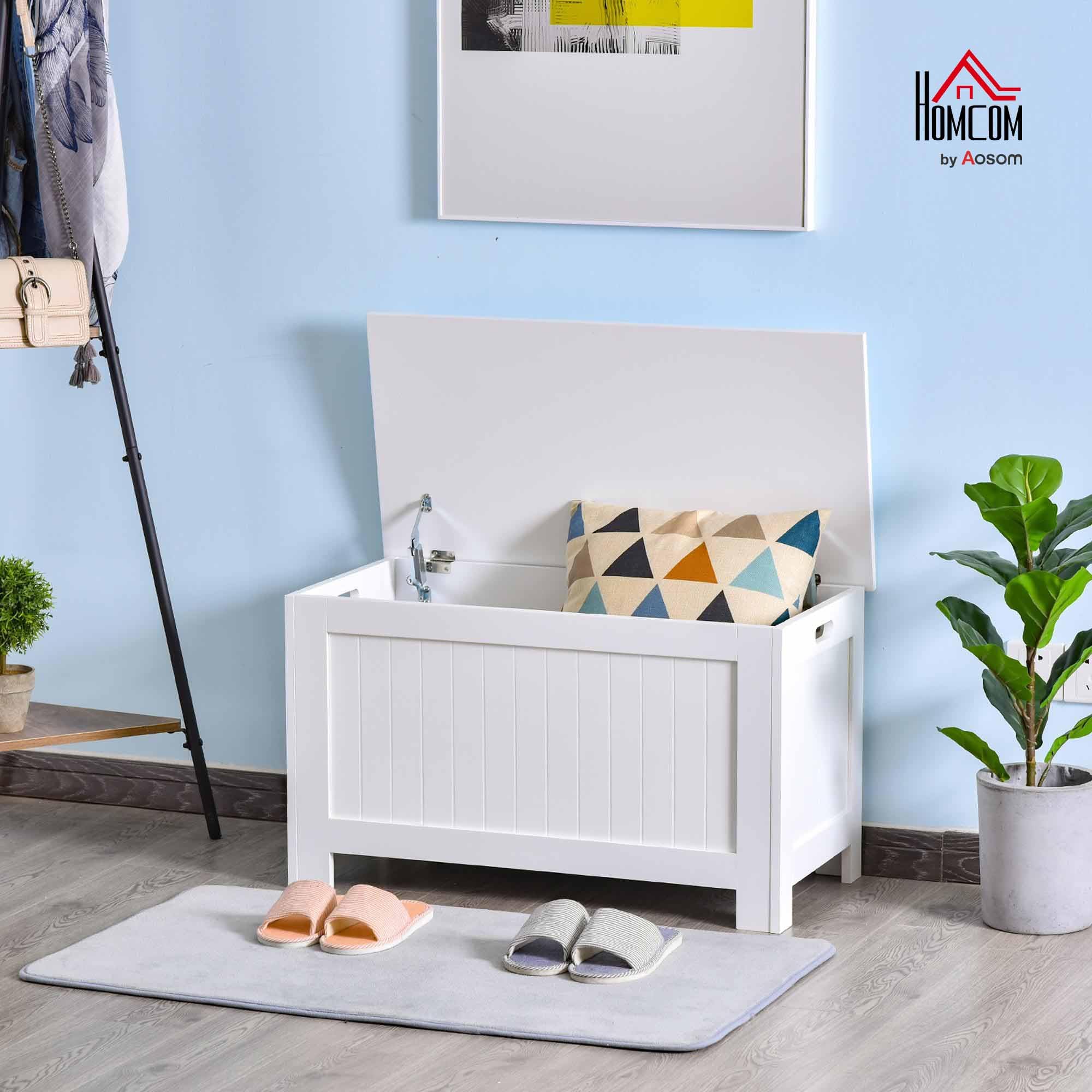 HOMCOM Baúl de Almacenaje para Dormitorio Banco de Almacenaje con Tapa Baúl de Almacenaje Versátil con Bisagra de Seguridad para Pasillo Salón 81x40x46 cm Blanco