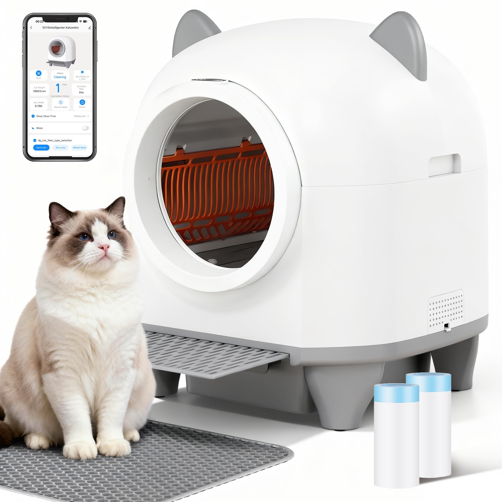 JUMMICO Bac à litière automatique autonettoyant 90L XXL, Contrôle intelligent par application, Système de sécurité anti-pincement, Surveillance de la santé, Double élimination des odeurs, Avec tapis à