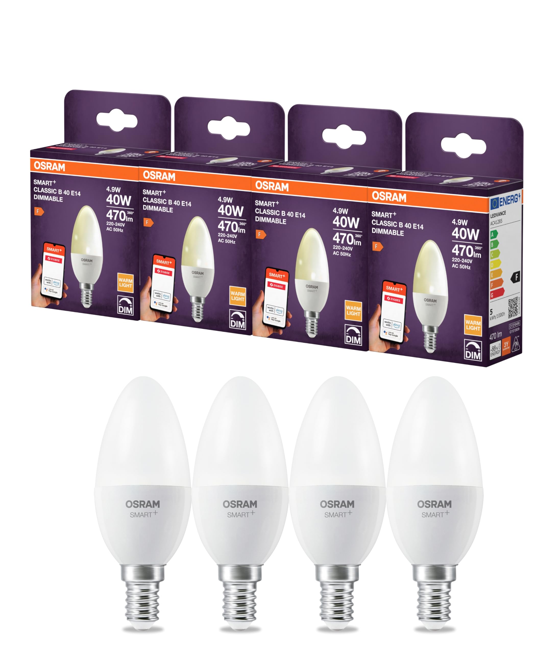 Osram SMART LED B40 Kerze E14 4.9W ZigBee dimmbar 2700K | SMART+ ZIGBEE Dimmable Classic, PLASTICS, Weiß, 39 mm dia, 20000 h, 4-Pack