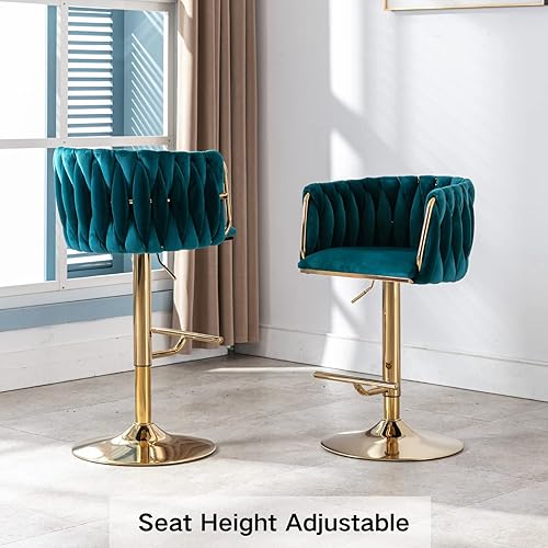 Miniatura 6 de LukeAlon Juego de 2 taburetes modernos de terciopelo para mostrador, giratorios de 360 de 26 pulgadas de altura de asiento bajos con patas doradas,