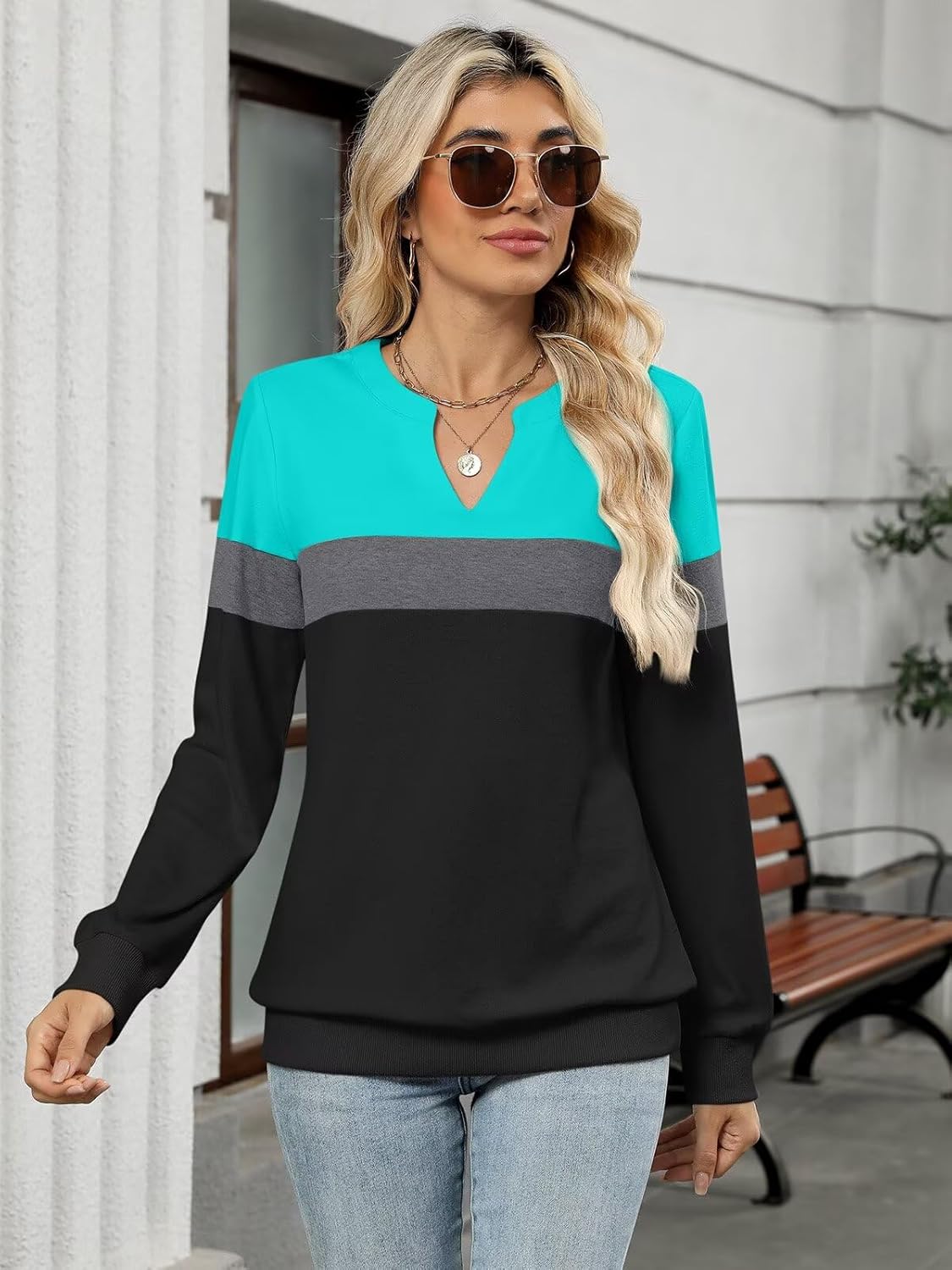 EADINVE Womens Casual Long Sleeve V Neck Sweatshirts Cute Loose Fit Lightweight Pullover Fall Clothes Tunic Tops - Image 2