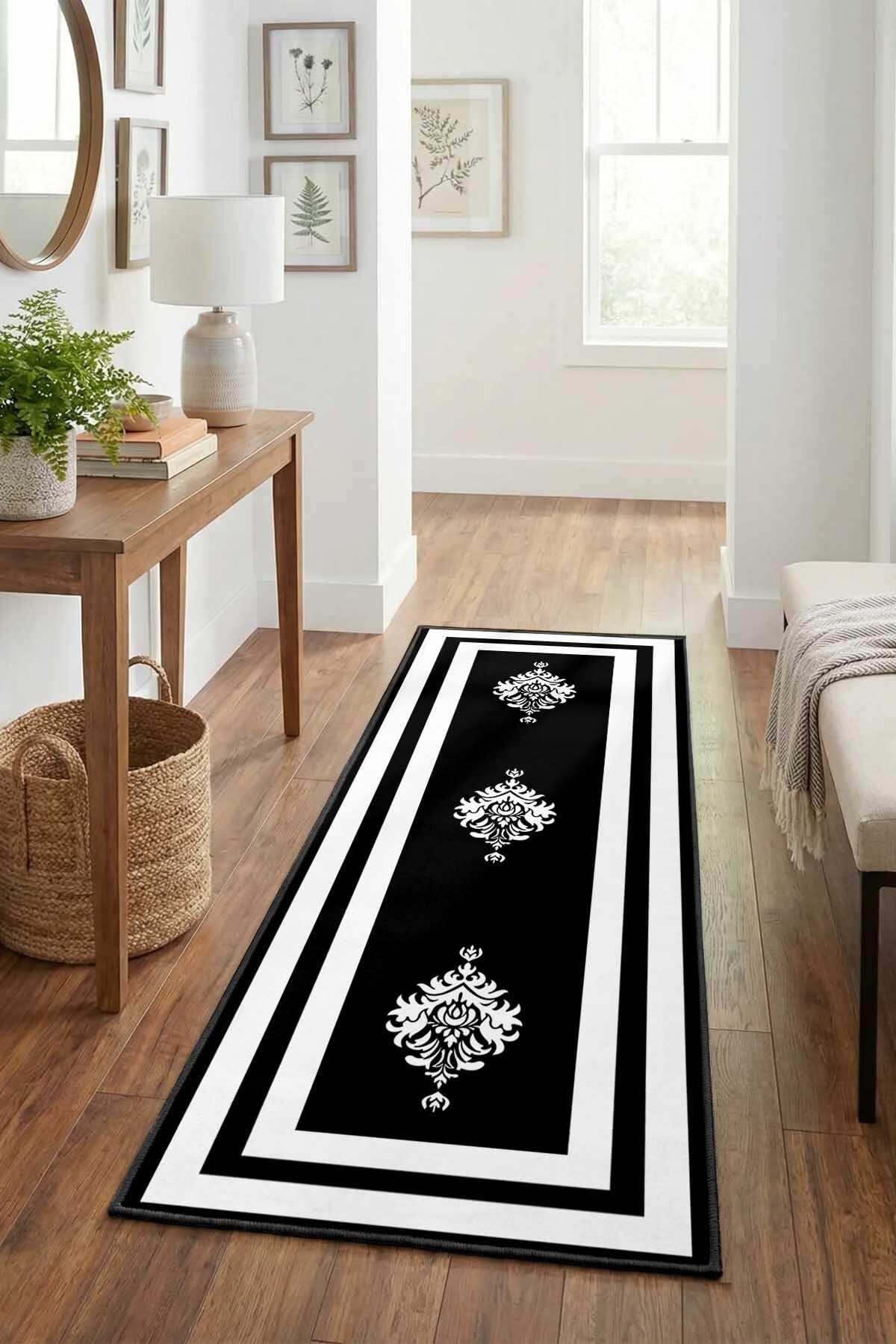 Monnhein Beyaz Siyah Yolluk Black-9 - Yıkanabilir, Kaymaz Taban, Dijital Baskılı, Leke Tutmaz, İnce Hav, Modern Koridor, Mutfak, Antre ve Salon için Dekoratif Yolluk