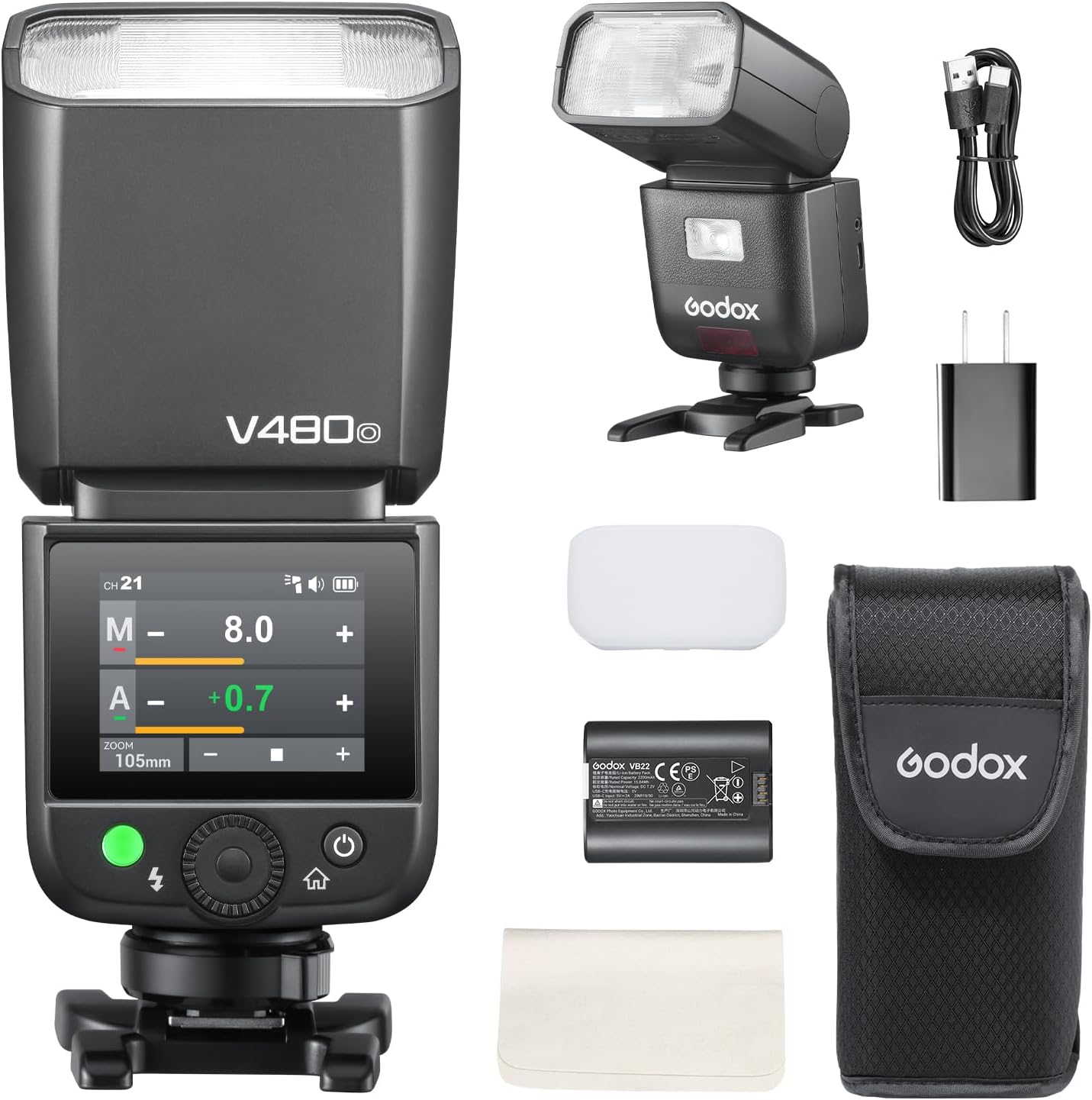 Godox V480-O V480 Flash for Olympus Panasonic, Touchscreen Speedlite, GN50 High Output, USB-C Charging, 1.7s Fast Recycle, 650 Flashes, 2.4G Wireless 1/8000 HSS GODOX V480O V480 O TTL Flash Speedlight