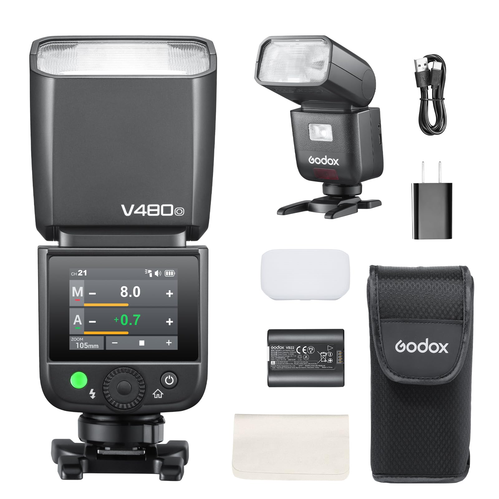 Godox V480-O Flash für Olympus Panasonic, GN50 High Output, Touchscreen-Steuerung, USB-C-Laden, 1,7 s Schnelle Recyclingzeit, 650 Vollstärke-Blitze, 2.4G X Wireless 1/8000s HSS TTL Flash Speedlite