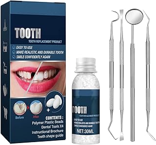 Tooth Repair Kit,4Pcs Dental Tools,1Pcs 30ml Dental Repair Denture Repair Beads,Tooth Repair Granules Tools Set for Temporary Fixing Filling Missing Broken Tooth Moldable Fake Teeth(5Pack)
