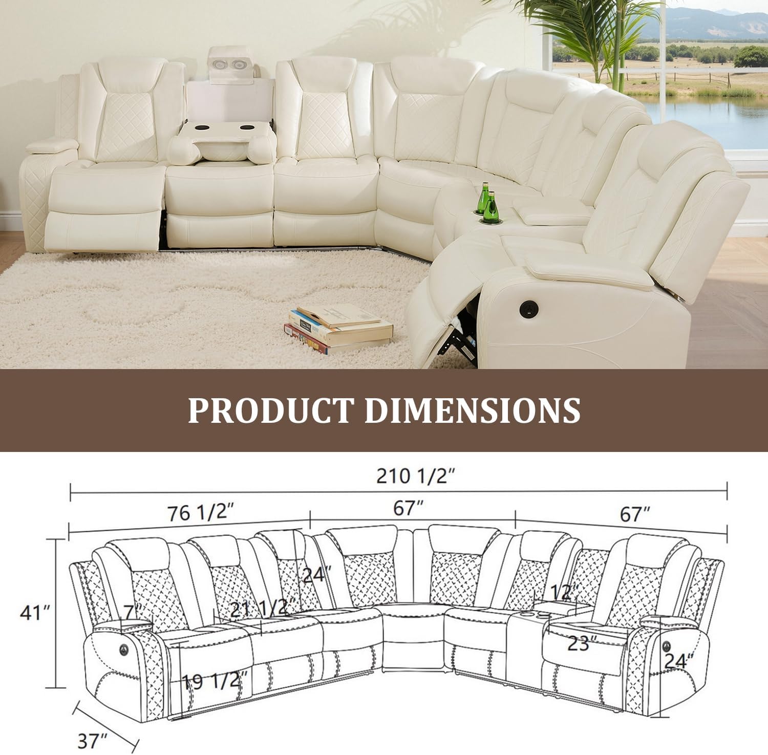 Power Recliner Sectional Couch Set, Leather Reclining Sofa and Loveseat Set, L-Shaped Sectional Living Room Furniture with USB Port/Storage/Cup Holders (Creamy White, Sectional+Loveseat)