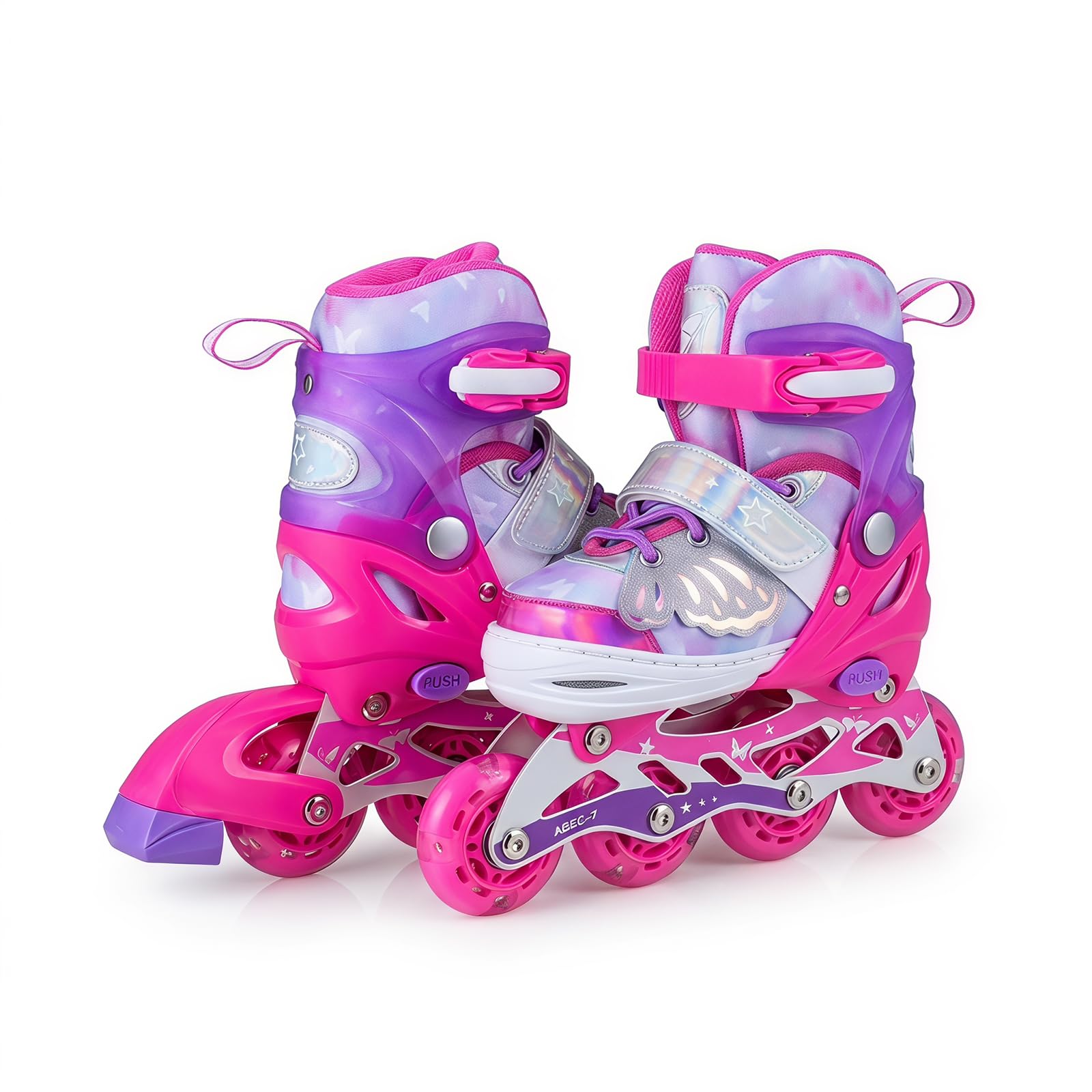 HOMASIS Patins a roulettes Enfant Réglables sur 4 Pointures avec 8 Roues Lumineuses LED, Rollers en Ligne pour Fille Garçon 5-14Ans, Rollers Quad Débutant Evolutif avec Frein