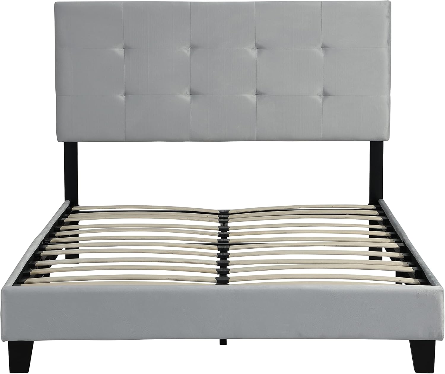 Full Size Upholstered Platform Bed Frame with Pull Point Tufted Headboard, Strong Wood Slat Support, No Box Spring Needed, Easy Assembly, Gray, 78.00W x 57.50D x 45.00H in