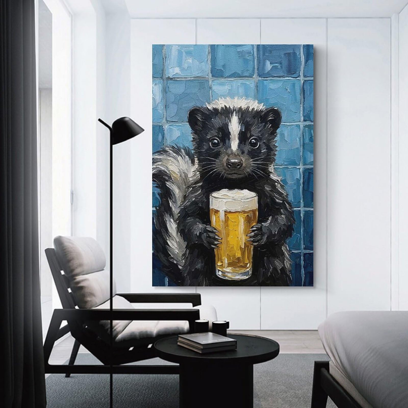 Junmoney Skunk with Beer Painting Home Decor Wall Art, 20x30inch(50x75cm), for Apartment Walls, Studios Or Work Areas, Decorative Canvas Decor for Home Updates