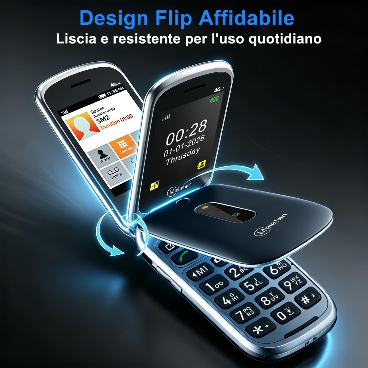 Telefono 4G a Conchiglia per Anziani,Tasti Grandi,Pulsante SOS,Sbloccato | Chiamata Rapida M1/M2, Volume Alto, Schermo a Colori da 2,4", Facile da Usare,Radio FM, Torcia LED, Batteria 1350 mAh