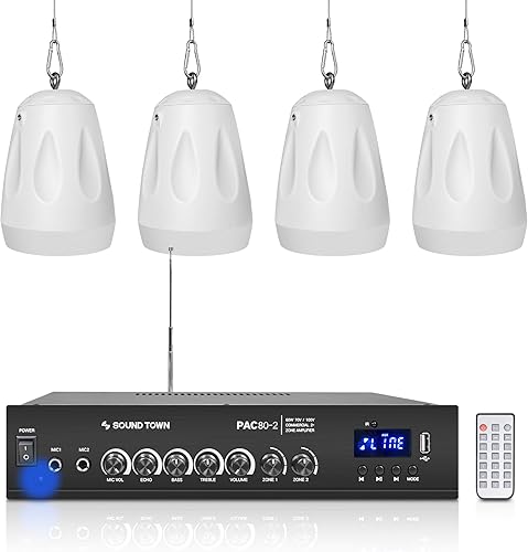 Sound Town Amplificador Bluetooth para restaurante comercial + juego de altavoces colgantes, con un amplificador de 2 zonas de 70 V100 V con