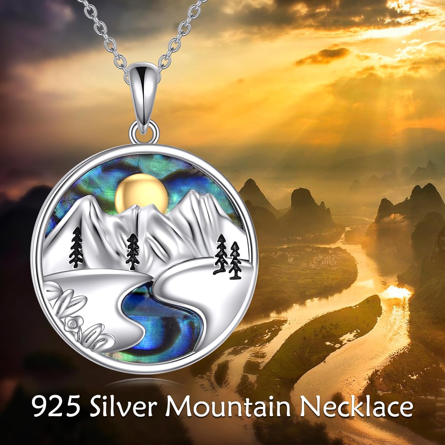 Mountain Necklace for Women 925 Sterling Silver Mountain Pendant Turquoise Sandstone Abalone Jewelry Gift for Skiers, Hikers, Campers, Climbers, and Nature Lovers - Image 6