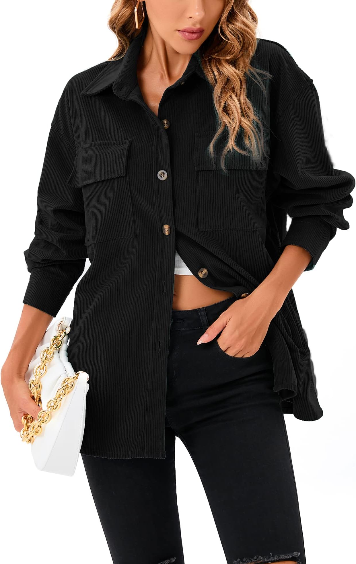 JhsnjnrWomen's Shacket Casual Oversized Long Sleeve Shirt Button Down Corduroy Jackets with Pockets