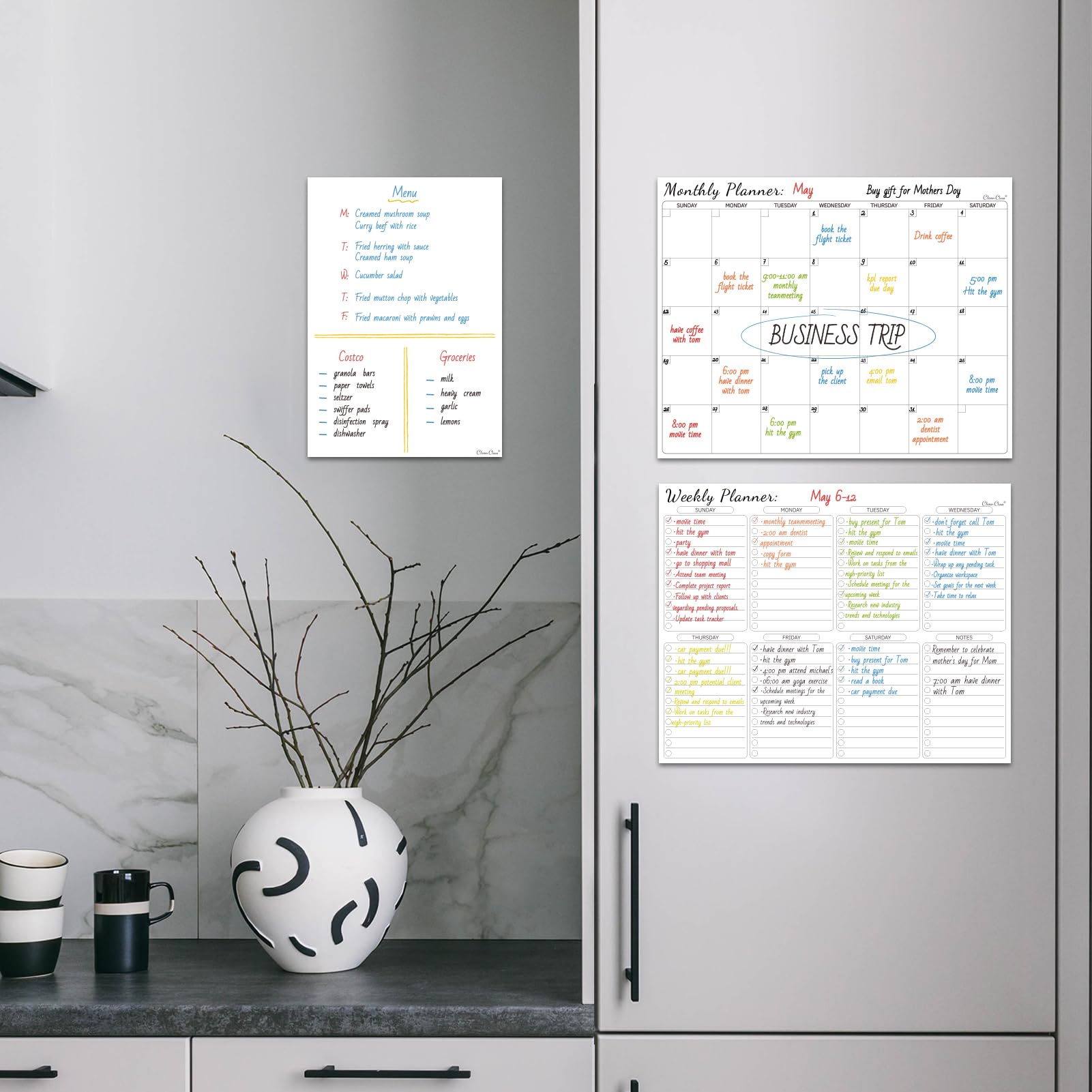 Clever Clean Set calendario non magnetico, cancellabile a secco, calendario mensile, planner settimanale e lavagna bianca bianca da attaccare al frigorifero, parete liscia, armadi e bicchieri. Idial