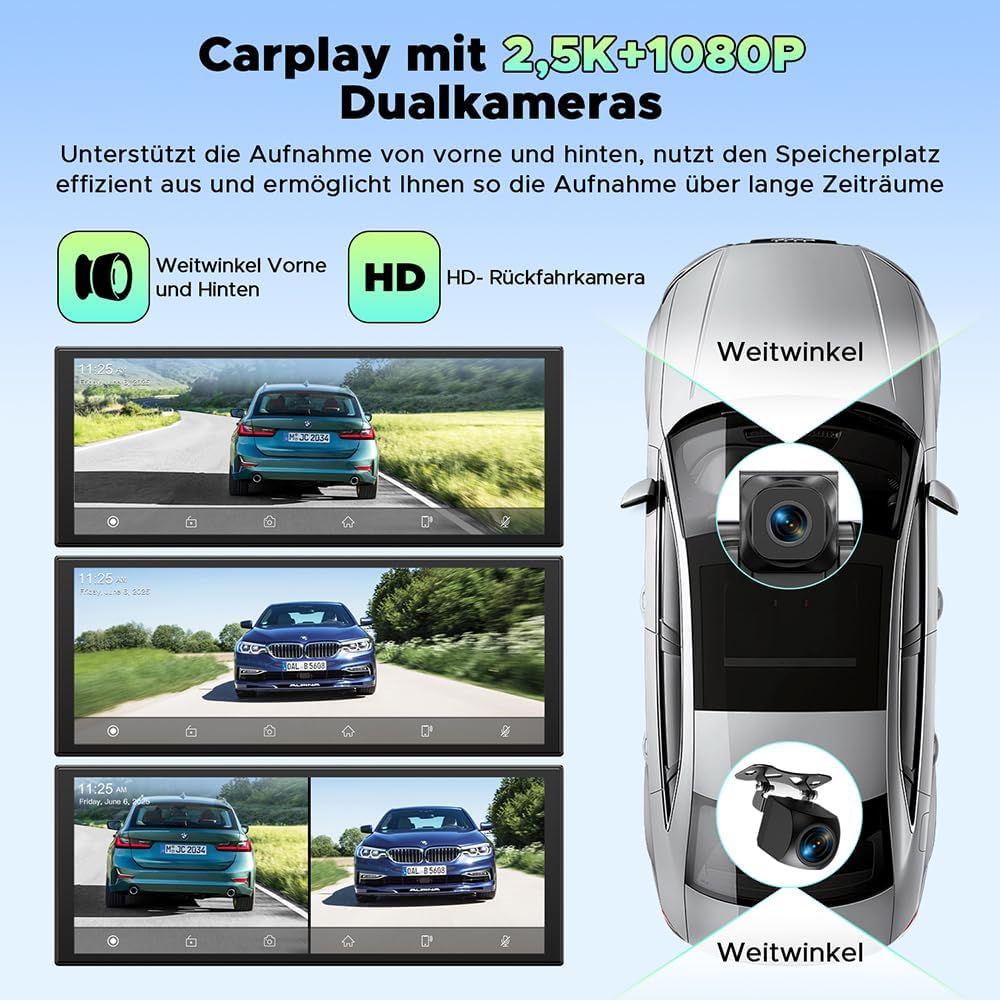 LAMTTO Wireless CarPlay Android Auto Display 10,25 Pollici Schermo per Auto Car Play con Dashcam Anteriore Posteriore 2,5K+1080P con Assistente Vocale Navigazione Bluetooth FM AUX Scheda TF 64GB
