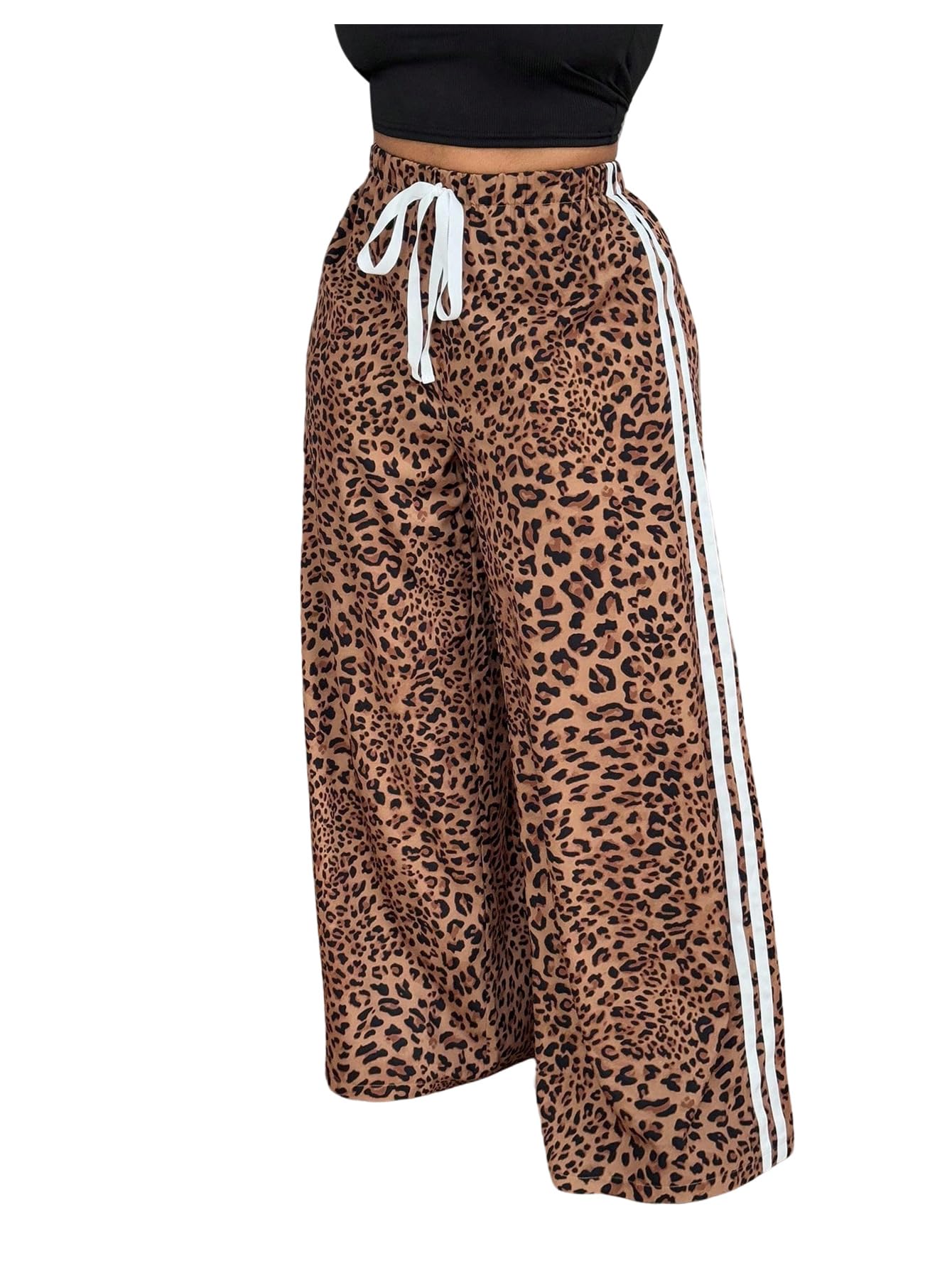 Womens Plus Size Y2K Leopard Striped Pants Drawstring High Waisted Wide Leg Loose Trousers