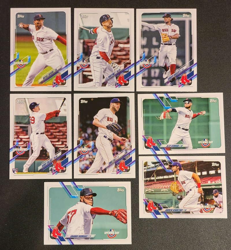 2021 Topps Opening Day Baseball Boston Red Sox Base MLB Hand Collated Team Set in Near Mint to Mint Condition of 8 Cards: 91 Alex Verdugo 97 Rafael Devers 101 Andrew Benintendi 127 J.D. Martinez 158 Xander Bogaerts 187 Bobby Dalbec RC 191 Eduardo Rodriguez 192 Chris Sale