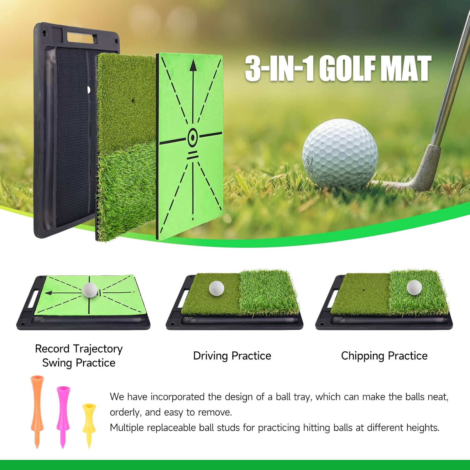 Golf Hitting Mat,16"x12" Indoor Outdoor Practice Mat with Swing Path Feedback, Dual Turf Golf Training Mat for Driving & Chipping, Golf Gifts for Men Women Dad Husband