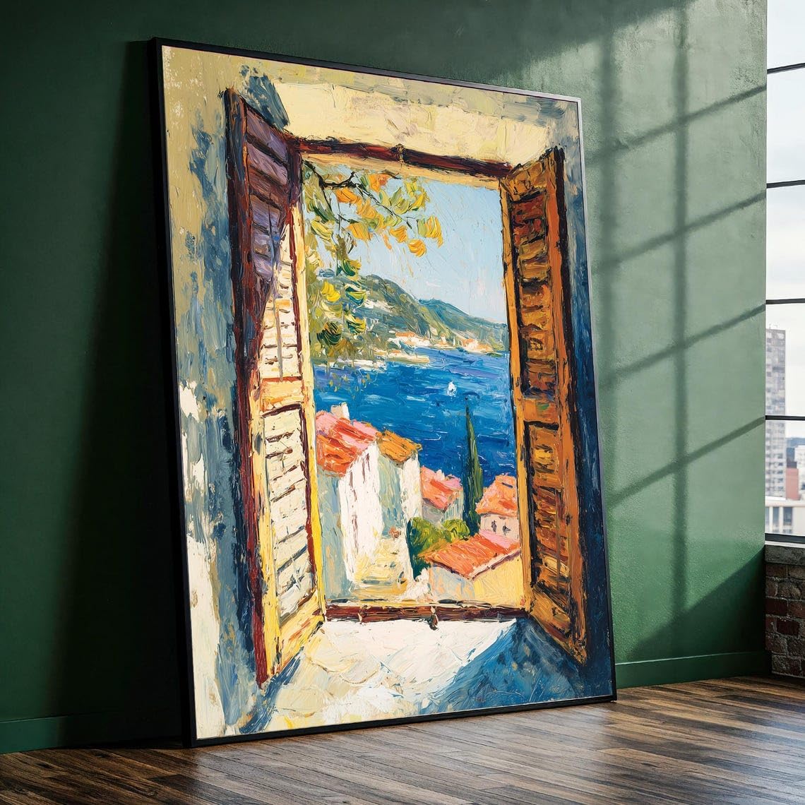 Xinbao Frameless Mediterranean Ocean View Canvas Wall Art - Coastal Window Canvas Print - Seaside Village Painting - Beach House Decor(80X110cm/Frameless)