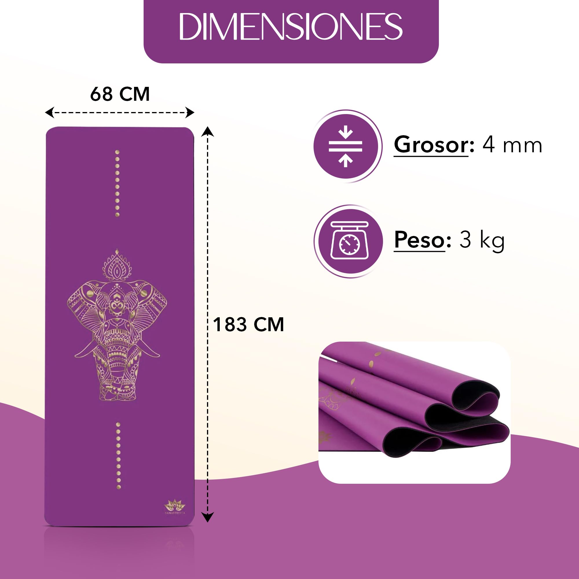 Yoga Mat, Edición Dorada Elefante, Esterilla de yoga antideslizante, Materiales ecologicos, Colchoneta para pilates y yoga incluye bolsa de transporte